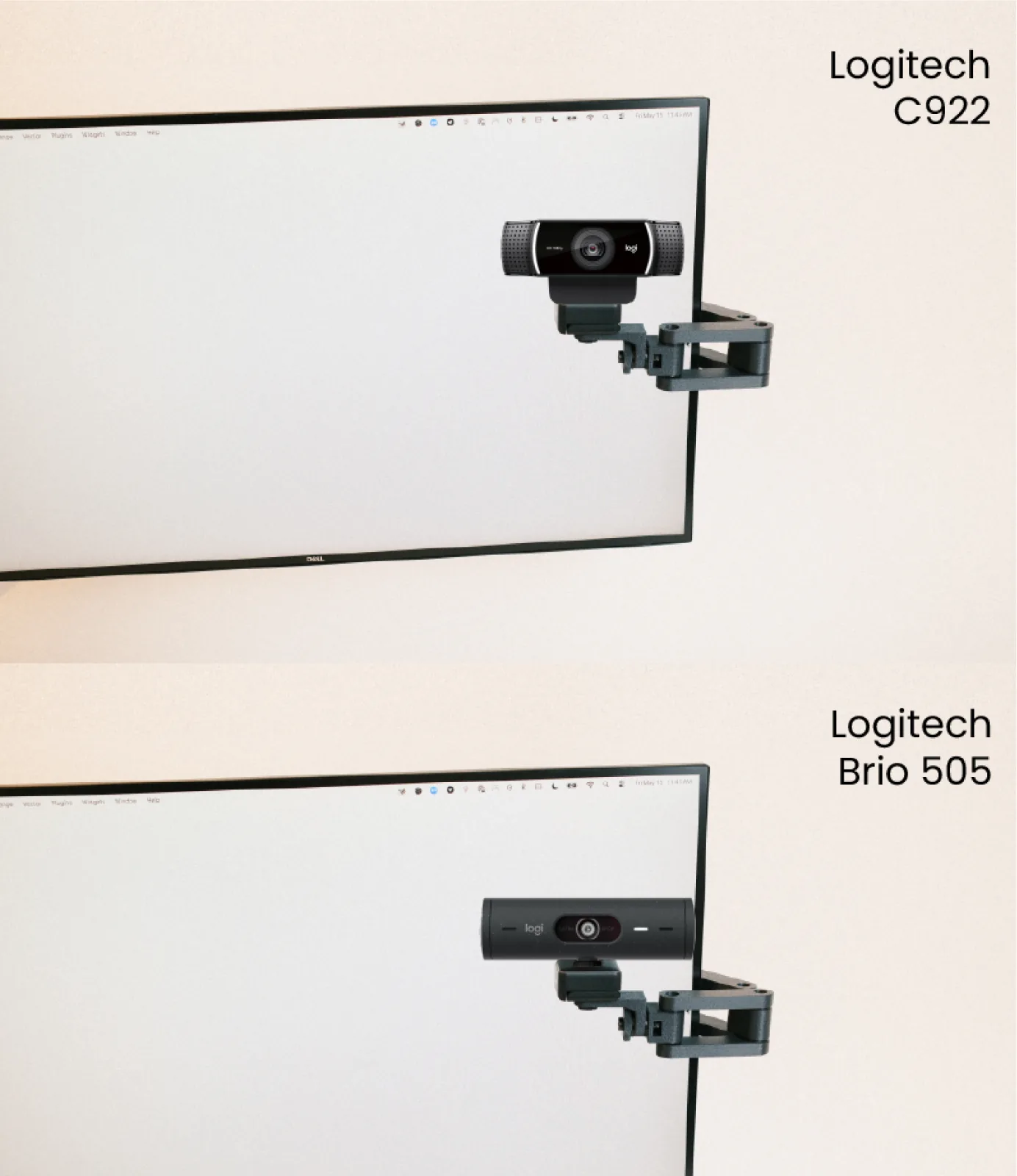 The Calibra arm mounted to a Dell monitor holding a Logitech C922, then a Logitech Brio 505, at eye level