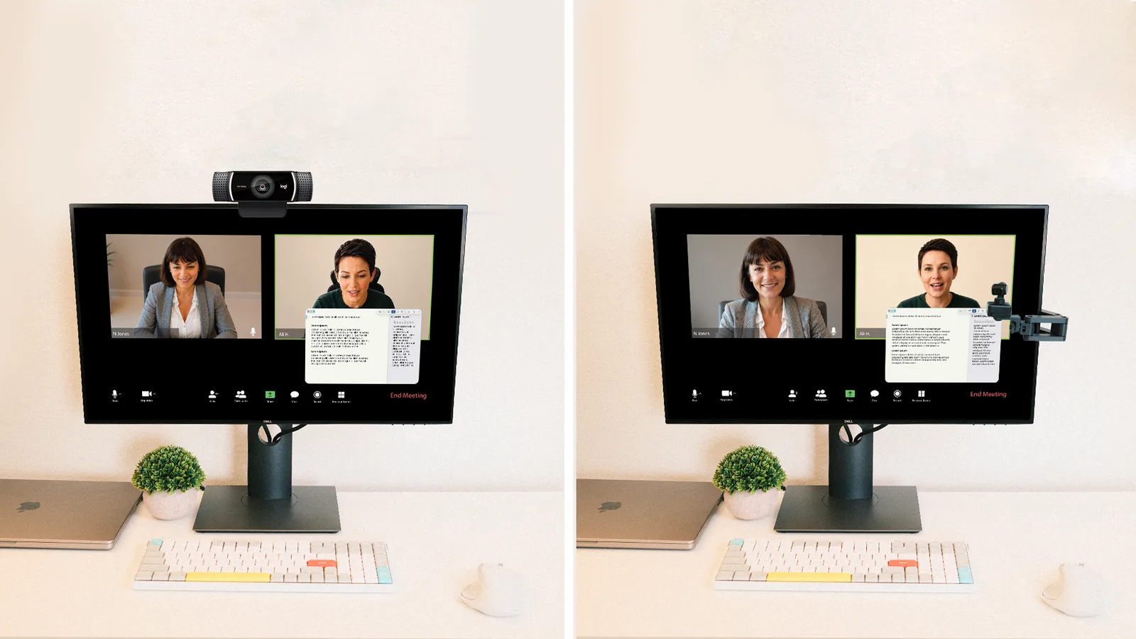 Before and after: webcam on top of the monitor versus the Calibra arm at eye level