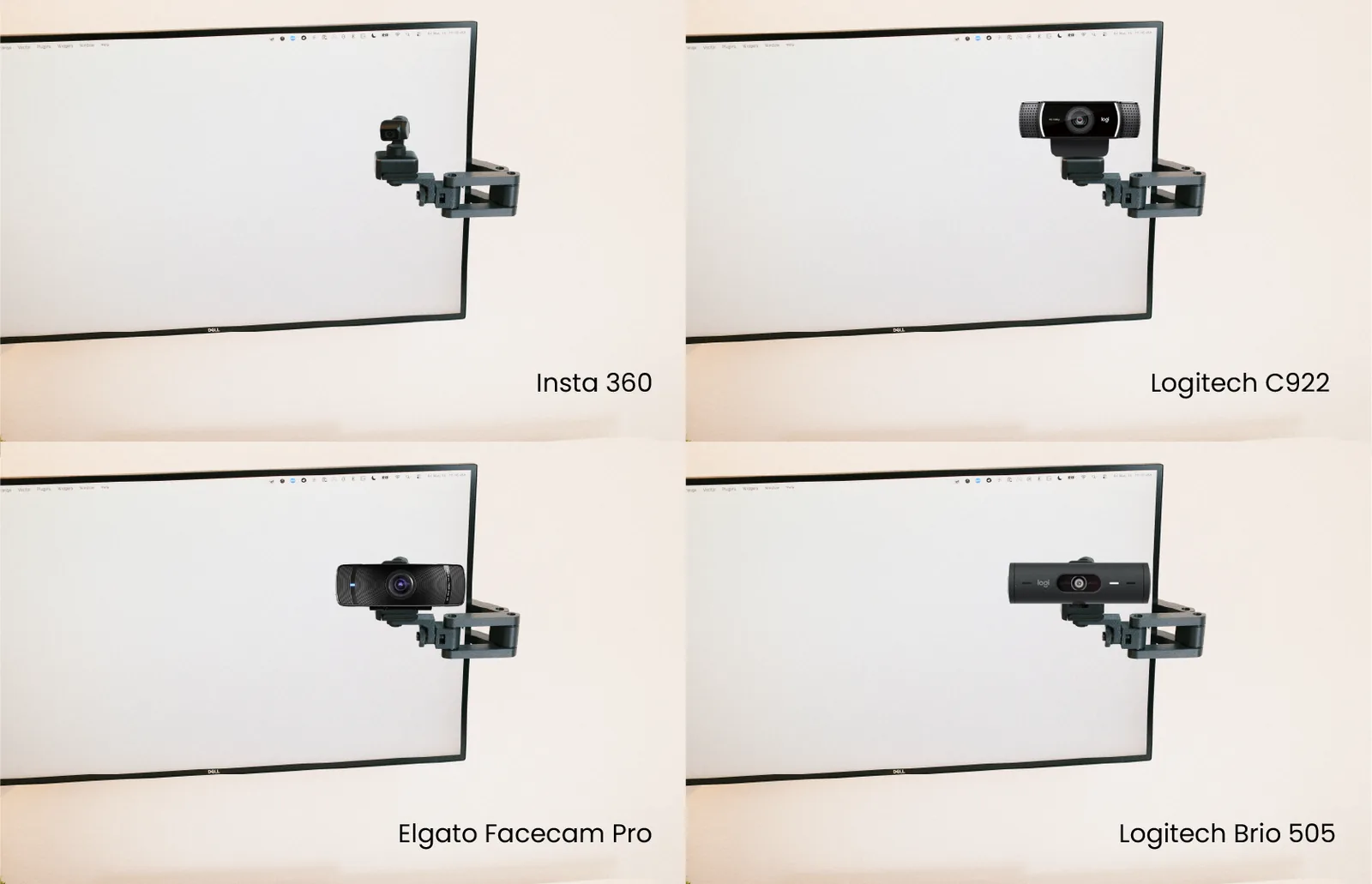 The arm holding Insta360, Logitech C922, Elgato Facecam Pro, and Logitech Brio 505 webcams